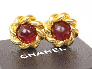 ☆CHANEL【シャネル】色石付きラウンド型イヤリング☆ゴールド×レッド系 赤☆ロゴ☆デカ☆ヴィンテージ☆箱付き☆チェーン ストーン