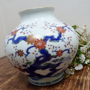 (☆BM5)☆[SALE]深川製/大花瓶 梅 花 白磁器 高さ25.5×直径26㎝ 深川謹製 色絵 華道具 花びん 花器 上品 壺 和風 クラッシック レトロ☆