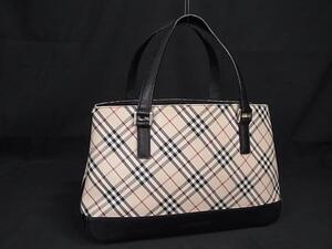 1円 ■美品■ BURBERRY バーバリー ナイロン×レザー チェック柄 ハンドバッグ トートバッグ レディース ベージュ系×ブラック系 FF9321