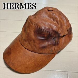 レア HERMES エルメス カーフスキン レザー キャップ 帽子 Hロゴ 59 ヴィンテージ メンズ レディース