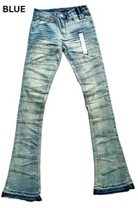 BJ11)WAIMEA ストレッチ入りステッチデザインデニムパンツ/STACKED JEANS/丈長パンツ/BLUE/28/AOM8148D/HIPHOP/USサイズ