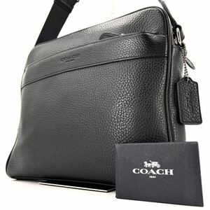 1円《 定価8万円・未使用級 》COACH コーチ ショルダーバッグ クロスボディ メンズ ビジネス シボ革 レザー 黒 斜め掛け スクエア 型押し