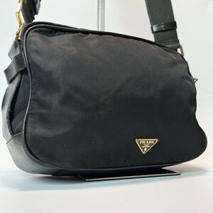 希少 PRADA プラダ ショルダーバッグ 三角ロゴプレート テスートナイロン 黒 ブラック ゴールド 金具 レザー 斜め掛け◎ メンズ レディース