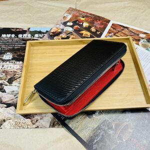 【田中革具】※ 新品 ハンドメイド カーボンレザー 長財布 財布 ラウンドファスナー ロングウォレット 牛革 本革 レザー メンズ 黒×赤