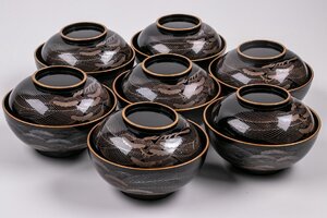 【うつわ】 真塗松鶴蒔絵吸物椀 7客 E1278F バラ売り可能です 古美術 骨董 古玩 唐物 和食器 日本料理 懐石 料亭