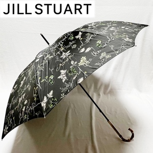 《JILLSTUART ジル スチュアート》新品 上品 メッセージ箔押し 四つ葉のクローバー・ボタニカル柄長傘 雨傘 8本骨 バンブーハンドル S0086