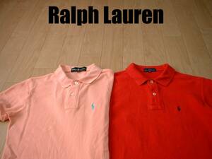 即戦力2着セットRalph Laurenワンポイント鹿の子ポロシャツMレディース正規ラルフローレン90sビンテージ橙サーモンオレンジx赤レッド