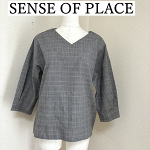 SENSE OF PLACE チェックブラウス 7分袖 前後Vネック グレンチェック