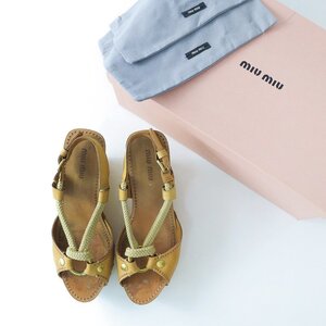 ミュウミュウ miu miu ウッドソール レザーストラップサンダル 36.5/ベージュ プラットフォーム 厚底【2400013737265】