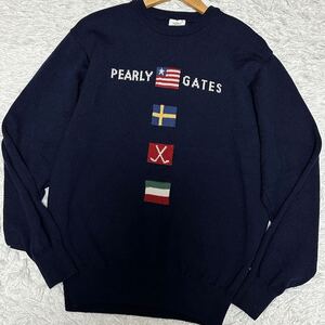 PEARLY GATES【希少デザイン】ニット ゴルフウェア パーリーゲイツ ロゴ 国旗 ネイビー ウール100% 希少Lサイズ 美品 セーター 