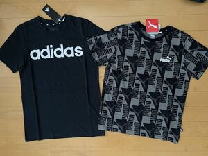 新品 半袖Tシャツ2枚 150 adidas アディダス リニアロゴ ・PUMA プーマ 総ロゴ 総柄 ブラック 黒 快適!.