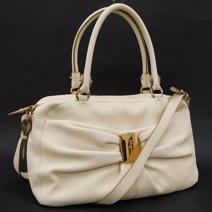 1円 ■ 極美品 フェラガモ 2wayバッグ DH-21 C335 ホワイト系 レザー ヴァラリボン Salvatore Ferragamo ■E.Csir.oR-04