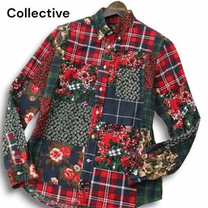 Collective コレクティブ メンズビギ 秋冬★ パッチワーク 長袖 ボタンダウン 花柄 フラワー チェック シャツ Sz.M メンズ　A4T11965_B#B