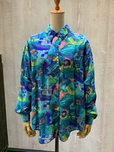 90s Silk A ble 前衛 抽象 アヴァンギャルド アブストラクト アート風 総柄 ユニセックス シルク シャツ ブラウス 古着シャツ 80s MLサイズ