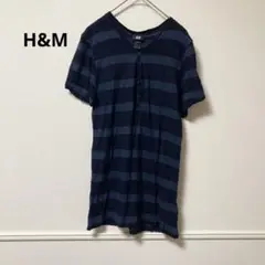 H&M Tシャツ 半袖 ボーダー 薄手 XS ボタン付き ブラック 黒 春夏