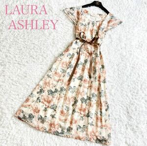 極美品 LAURA ASHLEY ローラアシュレイ ロングワンピース シルク100% Aライン フレア 花柄 総柄 とろみ フレンチスリーブ 9号 M