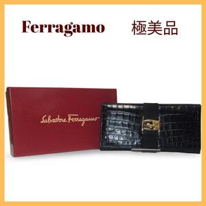 【極美品】Ferragamoフェラガモ　クロコデザイン　長財布　ブラック