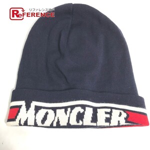 美品 MONCLER モンクレール ロゴ ビーニー 帽子 ニット帽 ニットキャップ ニット帽 ネイビー レディース【中古】