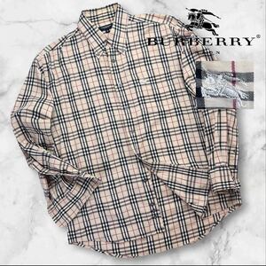 美品 90s 00s BURBERRY LONDON バーバリーロンドン ノバチェック柄 長袖シャツ サイズM ビッグシルエット ベージュ 胸ロゴ刺繍 A2887