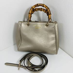 美品 GUCCI グッチ バンブー 2WAY ショルダーバッグ メタリック レザー 368823 USED品 241123 BaS