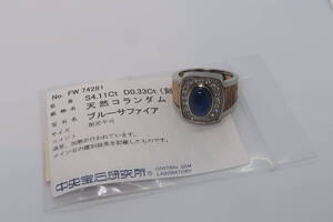 ▲▽Pt900/K18 ブルーサファイア 4.11ct ダイヤモンド 0.33ct リング 16号△▼