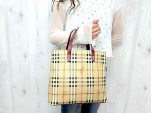 極美品 BURBERRY LONDON バーバリー ノバチェック トートバッグ ハンドバッグ バッグ PVC×レザー ベージュチェック柄×赤 76229