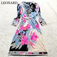 【美品】LEONARD ワンピース ミモレ丈 ドレープ 花柄 シルク100% M