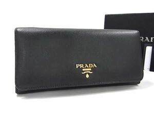 1円 ■美品■ PRADA プラダ 1M1349 サフィアーノレザー パスケース付き 二つ折り 長財布 ウォレット レディース ブラック系 FE2659