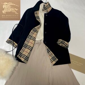 ◆大きいサイズ◆バーバリー◆BURBERRY 15号/44-46/XL-3L ダブルフェイスリバー仕立て☆メガチェックコンビカシミヤウールコート 黒