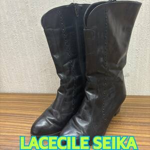 靴 ◆LACECILE SEIKA ◆ ハーフブーツ 約２２ｃｍ ＢＬＡＣＫ 黒 レザー ◆ レディース シューズ