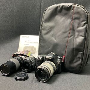 【524】送無 PENTAX K-100 DSUPER 一眼レフカメラ レンズ2本 取説 ストラップ 電池 収納リュック ペンタックス