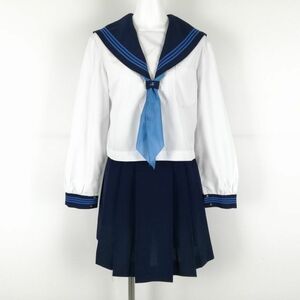 1円 セーラー服 ミニスカート スカーフ 上下3点セット 中間服 青3本線 女子 学生服 高知南高校 白 制服 中古 ランクC NA9378