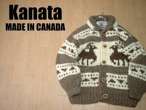 名門カナダ製Kanataネイティブ柄カウチンセーター美品M-Lメンズ正規カナタMADE IN CANADA肉厚ウールカナディアンカーディガン定価8万円