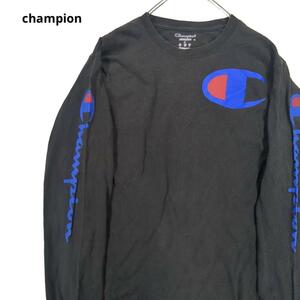 Champion　長袖Ｔシャツ　ロンT　袖ロゴ　黒青　メンズＳ　c6