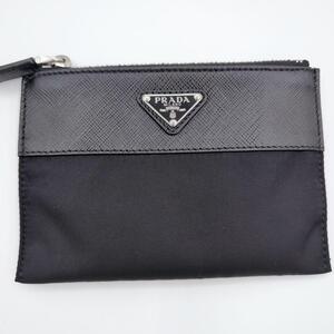 美品 PRADA プラダ サフィアーノ テスート ナイロン ポーチ ブラック レザー 革 Saffiano ユニセックス 2MB031 黒 ブラック 送料無料 