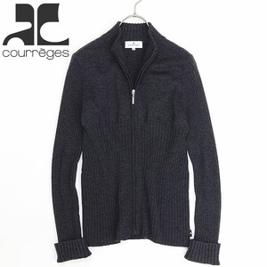 ◆courreges クレージュ リブニット 切替 ジップ カーディガン チャコールグレー 38