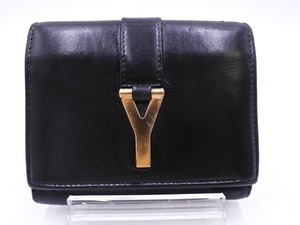 Saint Laurent サンローラン レザー 三つ折り Yロゴ プレート ミニ 財布 黒 ■■ ☆ fab5 レディース