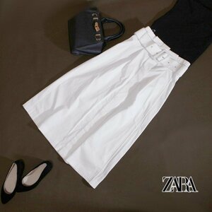 美品 ザラ ウーマン ZARA Woman 春 夏 大人綺麗 ブラック ステッチ ベルト付き シャツ生地 タイトスカート ロングスカート S ホワイト 白