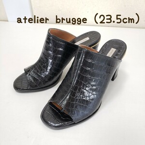 新品同様◆atelier brugge アトリエブルージュ 牛革レザー クロコ型押し パンプス サンダル 靴 レディース(23.5cm)黒 ブラック