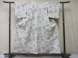 1円 良品 正絹 着物 和装 和服 縮緬 アンティーク 菊 草花 花柄 霞 単衣 身丈145cm 裄64cm ◆逸品◆【夢職】★★★★