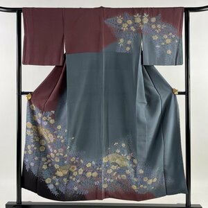 訪問着 身丈152.5cm 裄丈63cm S 袷 やまと 扇面 草花 金彩 絞り 小豆色 正絹 名品 【中古】