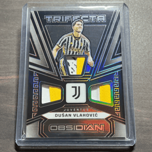 Dusan Vlahovic - Juventus Memorabilia /25 Trifecta Material Electric Etch Red 2023-24 Panini Obsidian Soccer