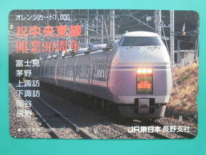 JR東 オレカ 使用済 中央東線 開業90周年記念 あずさ 富士見 茅野 上諏訪 下諏訪 岡谷 辰野 1穴 【送料無料】