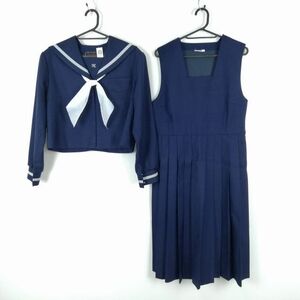 1円 セーラー服 ジャンパースカート スカーフ 上下3点セット 165 トンボ 冬物 グレー1本線 鹿児島東谷山中学 花紺 中古 ランクC NA9500