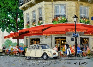 油彩画 洋画 肉筆絵画 （ 油絵額縁付きで納品対応可 ） NO.9 F3号サイズ 「パリのカフェ(White Car)」 斎藤 要
