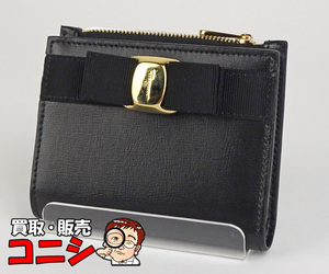 【神戸の質屋】【Ferragamo/フェラガモ】二つ折り財布 ウォレット ヴァラリボン ブラック 黒 ゴールド金具 レディース【送料無料】j0668y