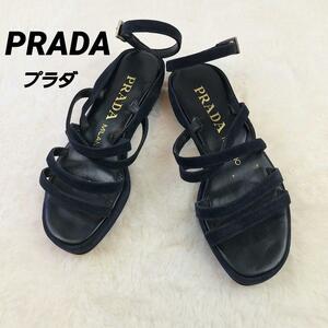 【美品】PRADA プラダ レザー アンクルストラップ サンダル 紺色