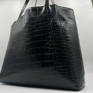 【美品 希少】ユナイテッドアローズ UNITED ARROWS トートバッグ クロコ型押し ブラック 黒 レザー A4可 メンズ 肩がけ ビジネス 通勤 1円