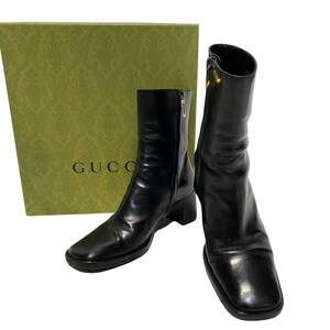 GUCCI グッチ チャンキーヒールショートブーツ 36 1/2◆ ブラック レザー レディース 靴 シューズ ブーティー boots