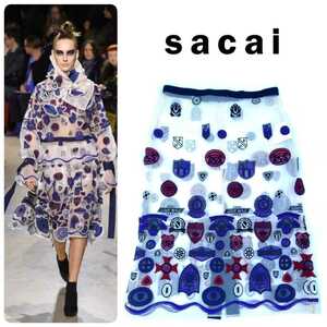 定価167,200円 2016AW sacai サカイ 国内正規品 最高級ワッペン装飾ポリエステルオーガンジーハイウエストスカート 3(L) 極美品 シースルー